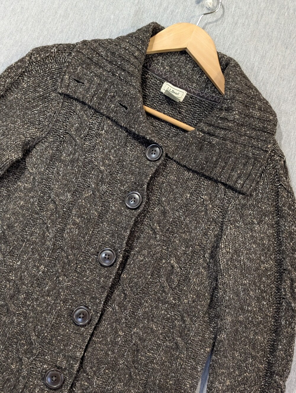 L.L. Bean Cable Knit Wool Blend Cardigan Sweater Women's Small Marbled Brown